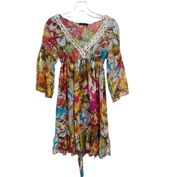 Anna Sui Floral Yellow Multicolor Dress Short Sleeve A Line Sheer Size Small - Picture 1 of 7